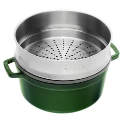 Cocotte mit Dämpfeinsatz 26 cm, rund, Basilikum-Grün, Gusseisen