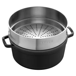Cocotte mit Dämpfeinsatz 26 cm, rund, Schwarz, Gusseisen