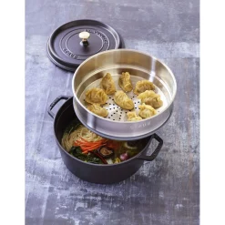 Cocotte mit Dämpfeinsatz 26 cm, rund, Schwarz, Gusseisen
