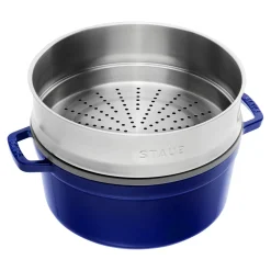 Cocotte mit Dämpfeinsatz 26 cm, rund, Dunkelblau, Gusseisen