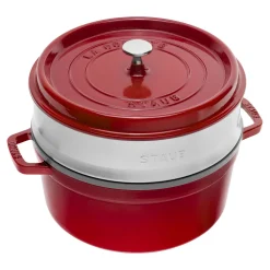Cocotte mit Dämpfeinsatz 26 cm, rund, Kirsch-Rot, Gusseisen
