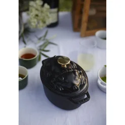 Cocotte Schweinedeckel 17 cm, oval, Schwarz, Gusseisen