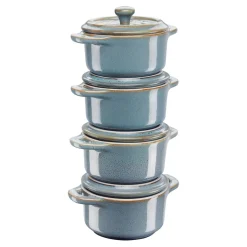 Cocotte Set 4-tlg, rund, Antik-Türkis, Keramik