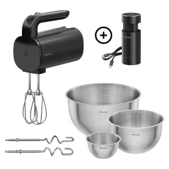 Kabelloses Handrührgerät Starter Set mit Ladestation und Edelstahlschüssel-Set, 7-tlg., Schwarz