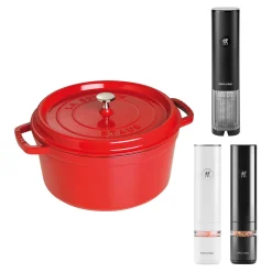 Koch-Set mit Gewürzmühlen, Wein&ouml;ffner und roter Cocotte, 4-tlg.