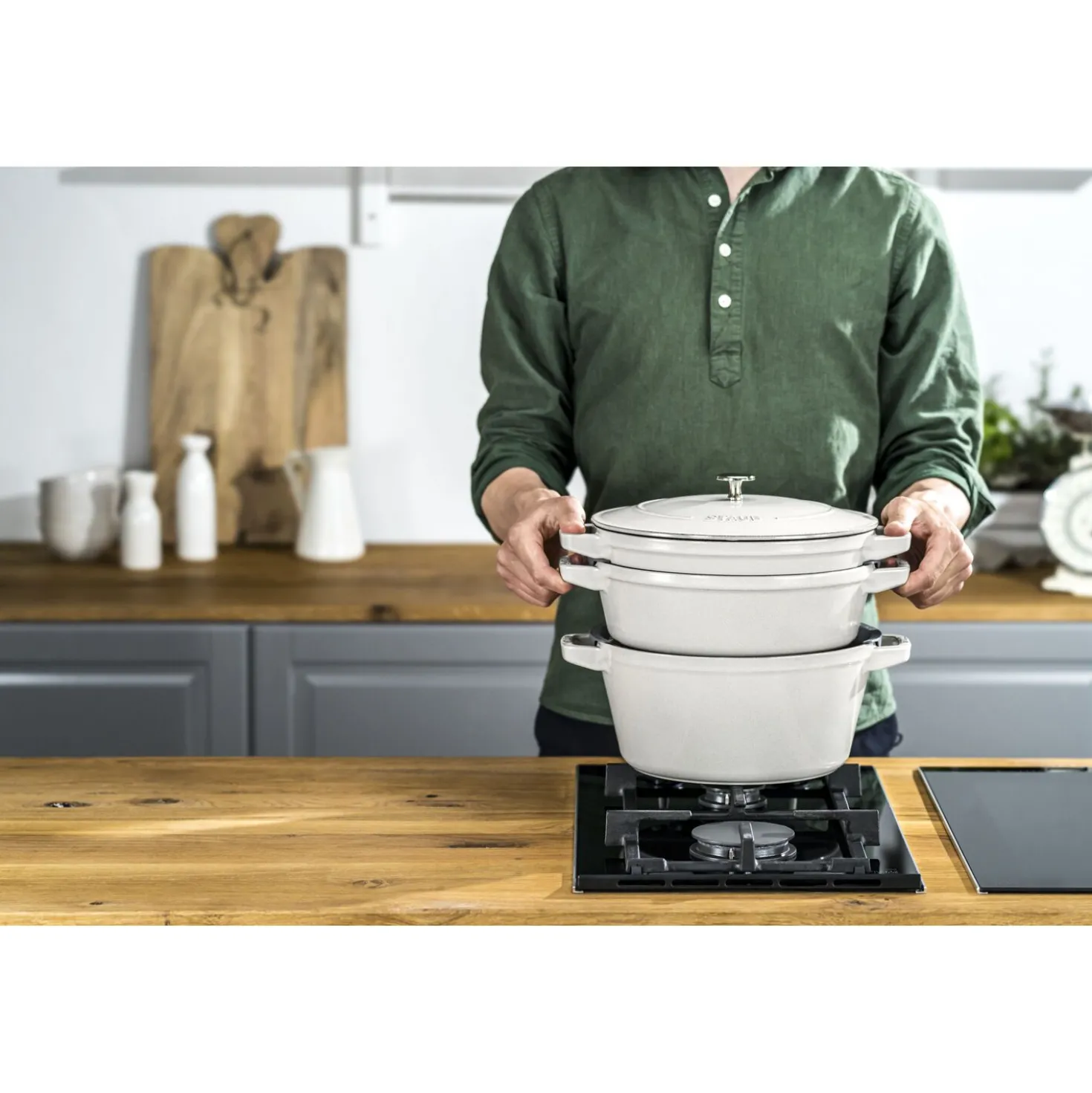 Kochtopfset Stackable 3-tlg, rund, Weisser Trüffel, Gusseisen
