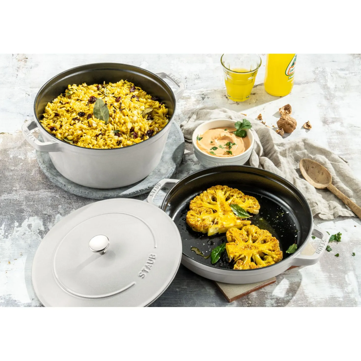 Kochtopfset Stackable 2-tlg, rund, Weisser Trüffel, Gusseisen