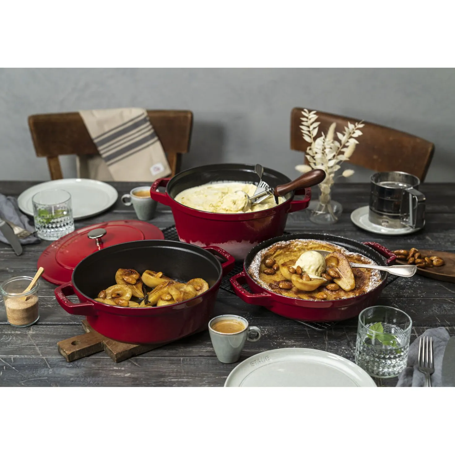 Kochtopfset Stackable 3-tlg, rund, Kirsch-Rot, Gusseisen