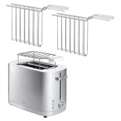 Kurzschlitztoaster, Sandwichzange & Br&ouml;tchenaufsatz Set, 4-tlg., Weiß/Silber, Stahl