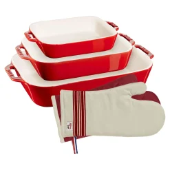 Ofenformen & Ofenhandschuhe Set, 5-tlg. / S/M/L, Kirsch-Rot, Keramik/Baumwolle