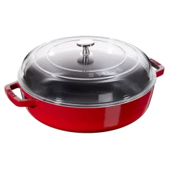 Schmorpfanne mit Glasdeckel 24 cm, rund, Kirsch-Rot, Gusseisen