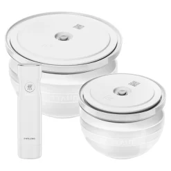 Schüssel-Set mit Vakuumpumpe und -deckeln, 18 cm/ 24 cm/ 5-tlg., Weiß, Keramik