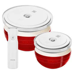 Schüssel-Set mit Vakuumpumpe und -deckeln, 18 cm/ 24 cm/ 5-tlg., Kirschrot/ Weiß, Keramik