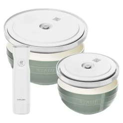 Schüssel-Set mit Vakuumpumpe und -deckeln, 18 cm/ 24 cm/ 5-tlg., Eukalyptus/ Weiß, Keramik