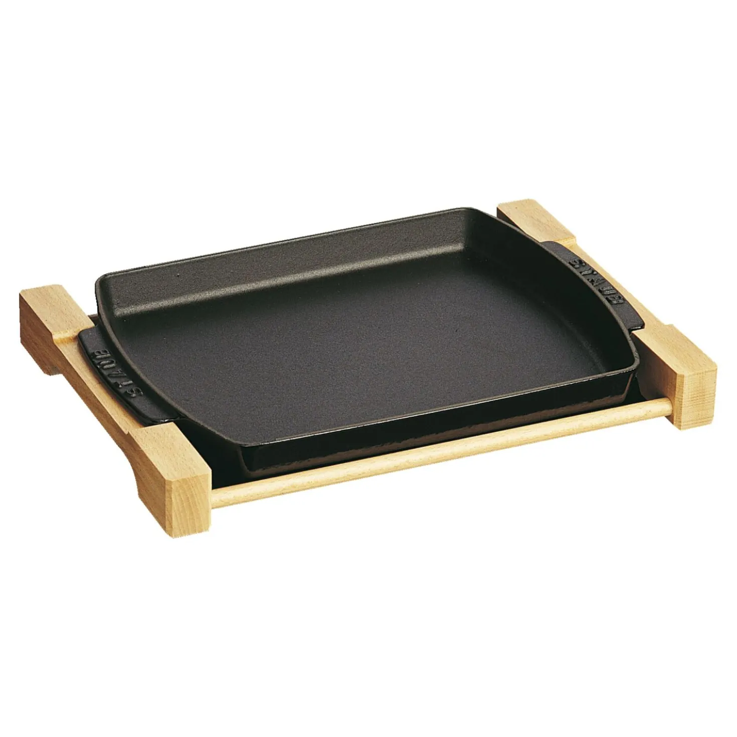 Teller mit Holzunterlage 33 cm x 22 cm, rechteckig, Schwarz, Gusseisen