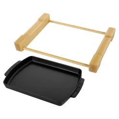 Teller mit Holzunterlage 33 cm x 22 cm, rechteckig, Schwarz, Gusseisen