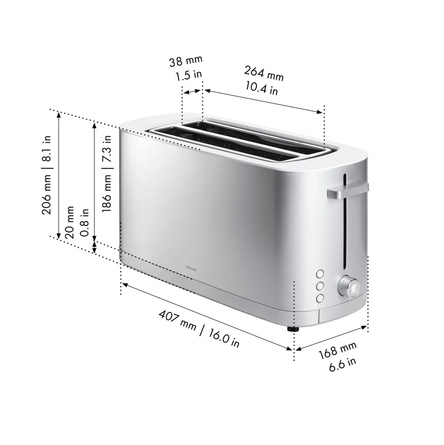 Toaster mit Brötchenaufsatz, 2 Schlitze lang, Silber