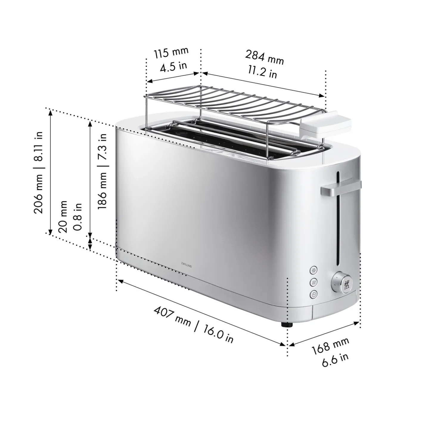 Toaster mit Brötchenaufsatz, 2 Schlitze lang, Silber