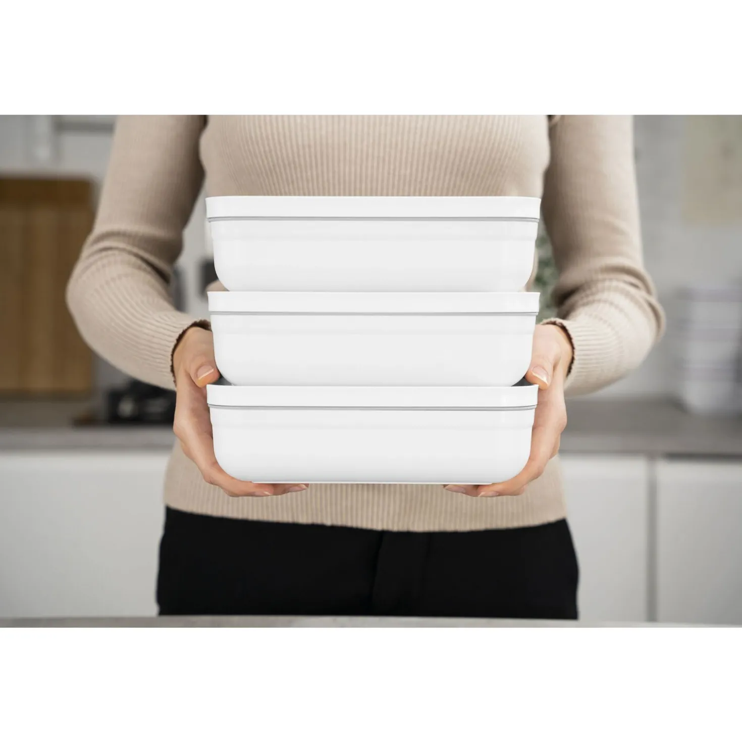 Vakuum Lunchbox L flach, Weiß-grau