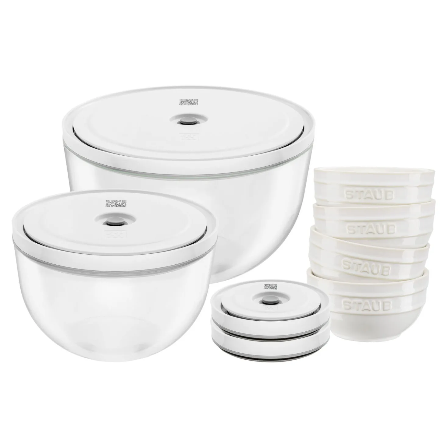 Vakuumschüssel & Deckel Set, 10-tlg. / S/M/L, Elfenbein-Weiß/Transparent, Keramik/Glas