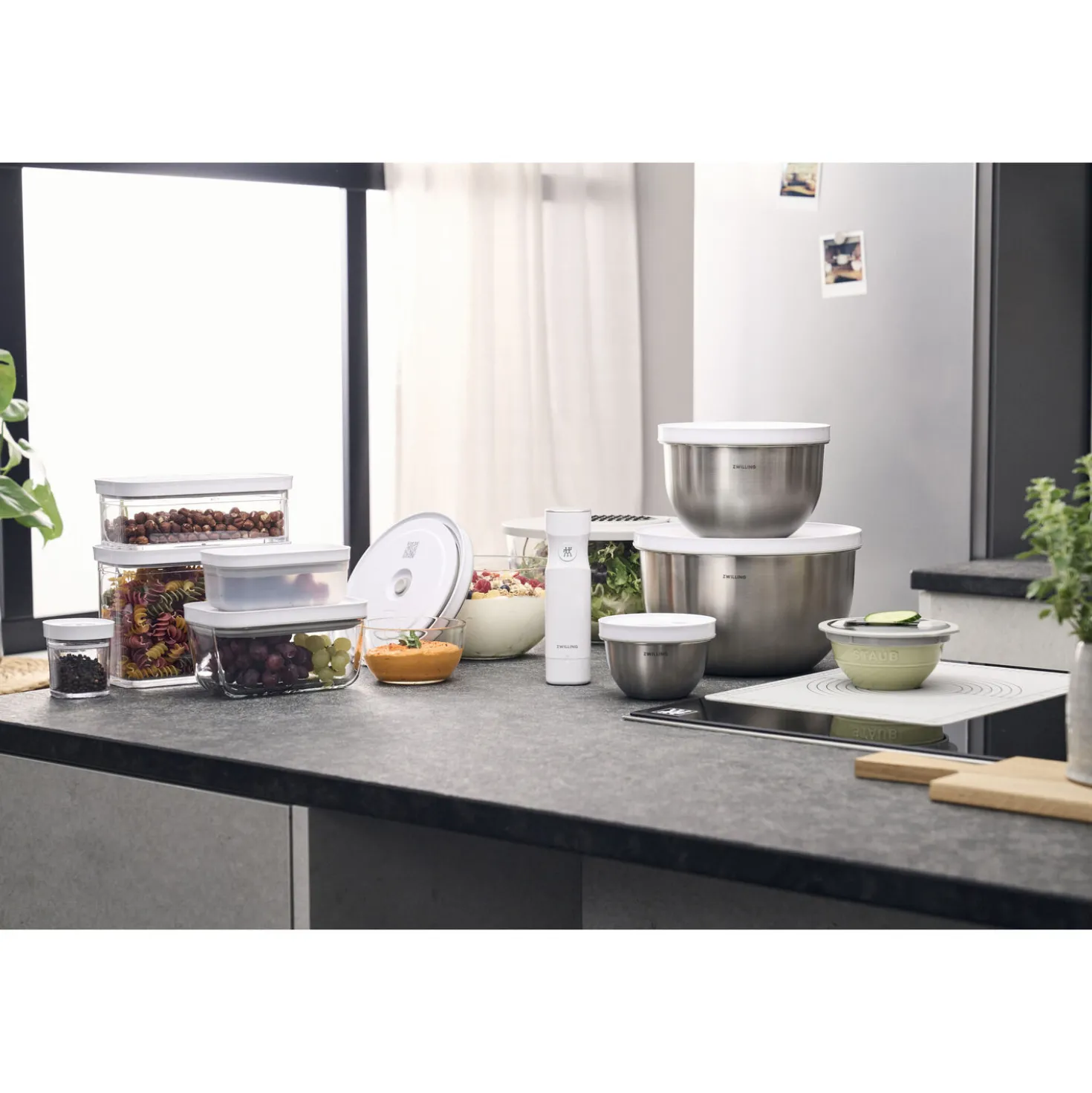 Vakuumschüssel & Deckel Set, 10-tlg. / S/M/L, Elfenbein-Weiß/Transparent, Keramik/Glas