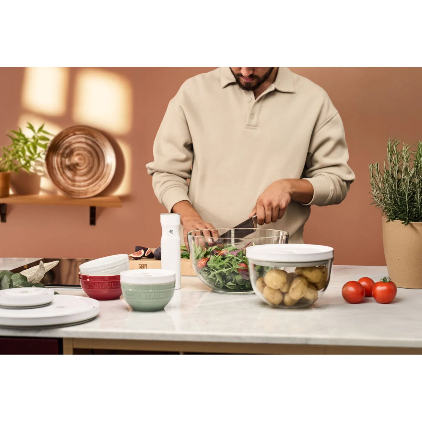 Vakuumschüssel & Deckel Set, 10-tlg. / S/M/L, Elfenbein-Weiß/Transparent, Keramik/Glas