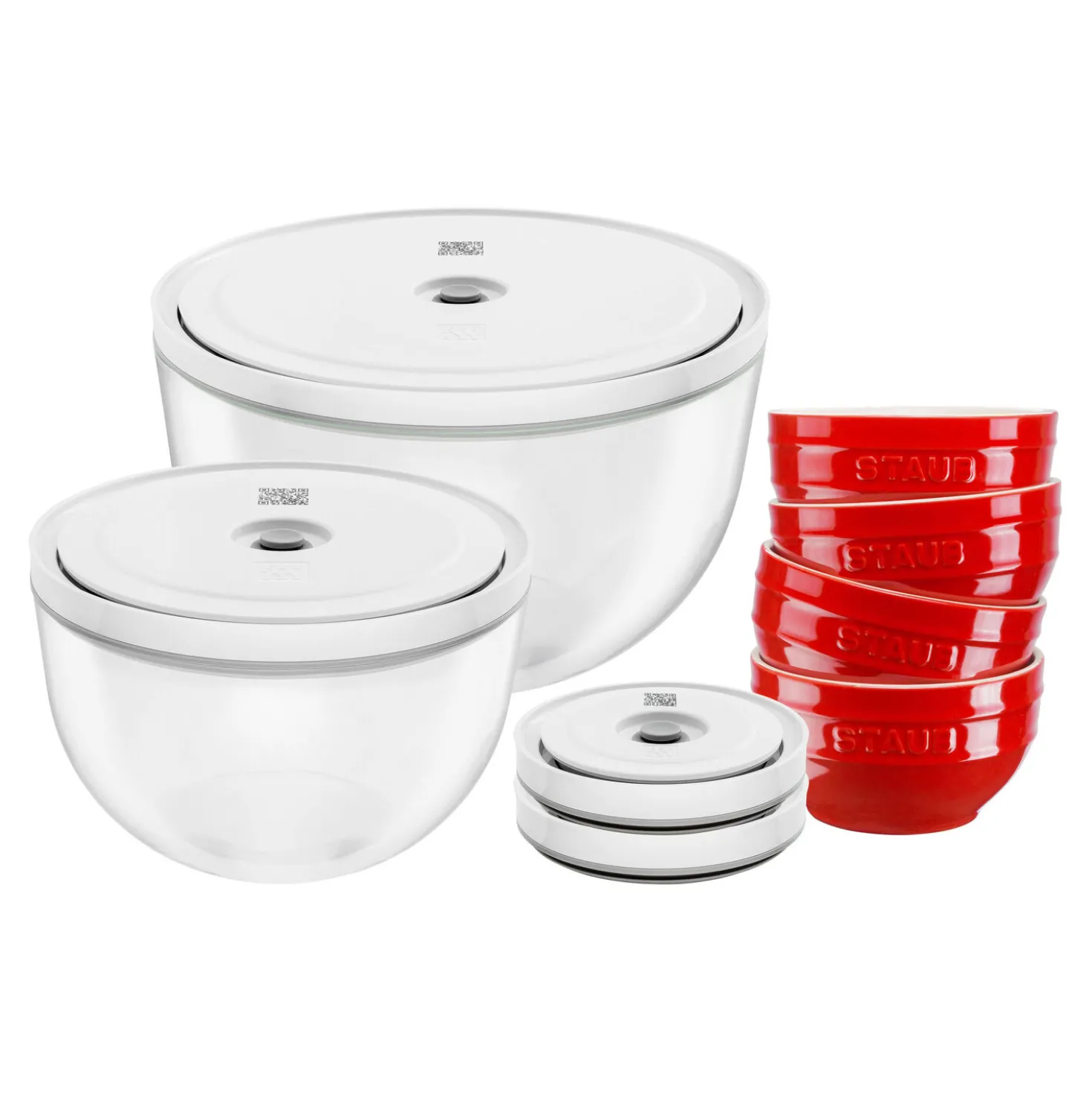 Vakuumschüssel & Deckel Set, 10-tlg. / S/M/L, Kirsch-Rot/Transparent, Keramik/Glas