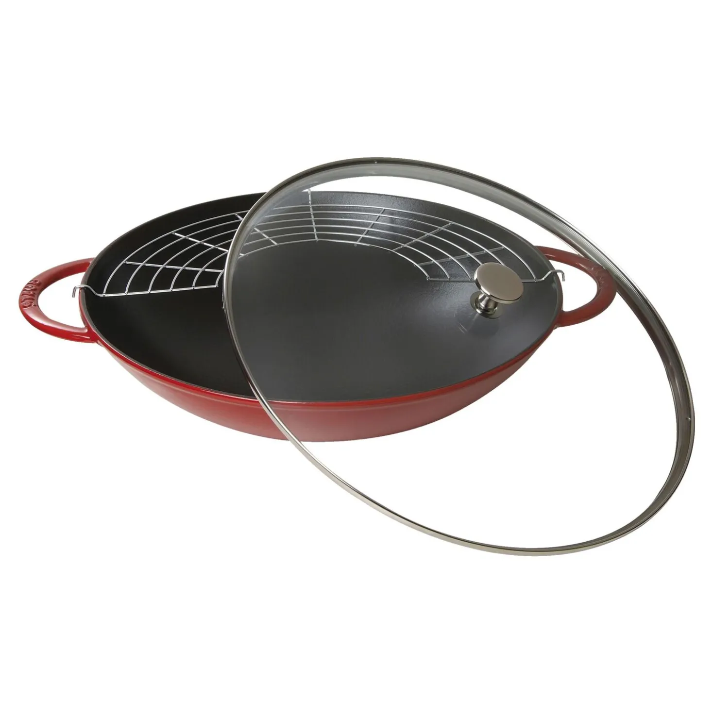 Wok mit Glasdeckel 37 cm, rund, Kirsch-Rot, Gusseisen