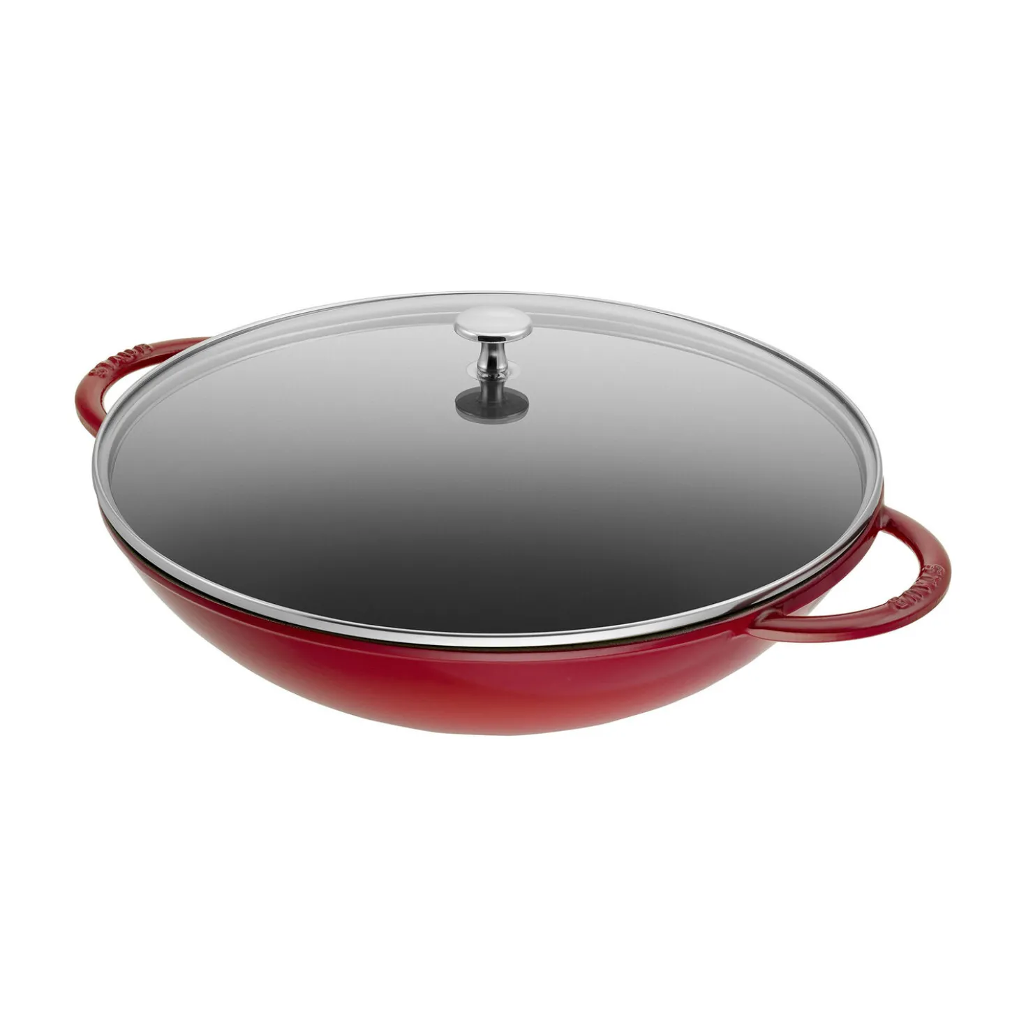 Wok mit Glasdeckel 37 cm, rund, Kirsch-Rot, Gusseisen