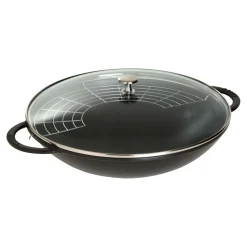 Wok mit Glasdeckel 37 cm, rund, Schwarz, Gusseisen