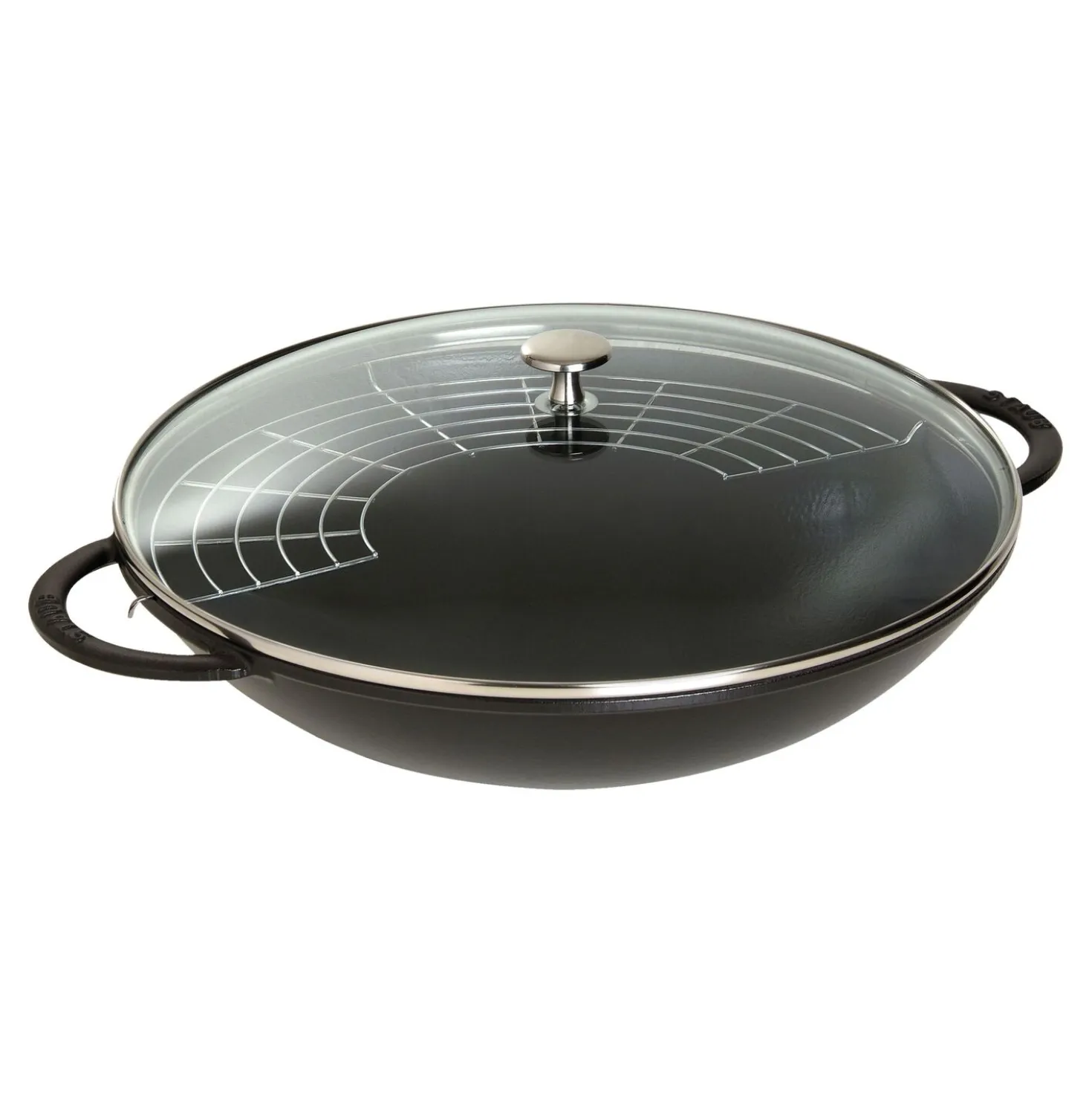 Wok mit Glasdeckel 37 cm, rund, Schwarz, Gusseisen