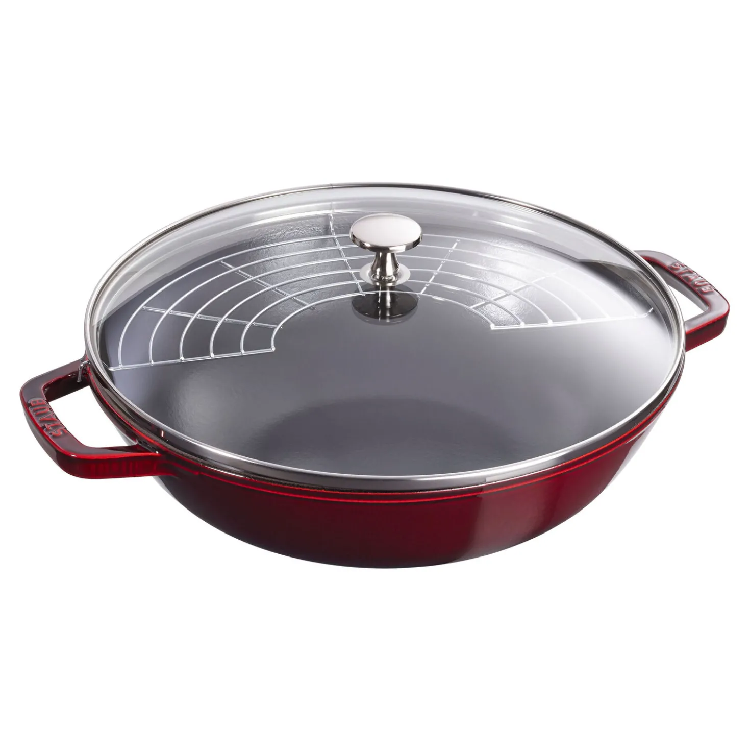 Wok mit Glasdeckel 30 cm, rund, Grenadine-Rot, Gusseisen