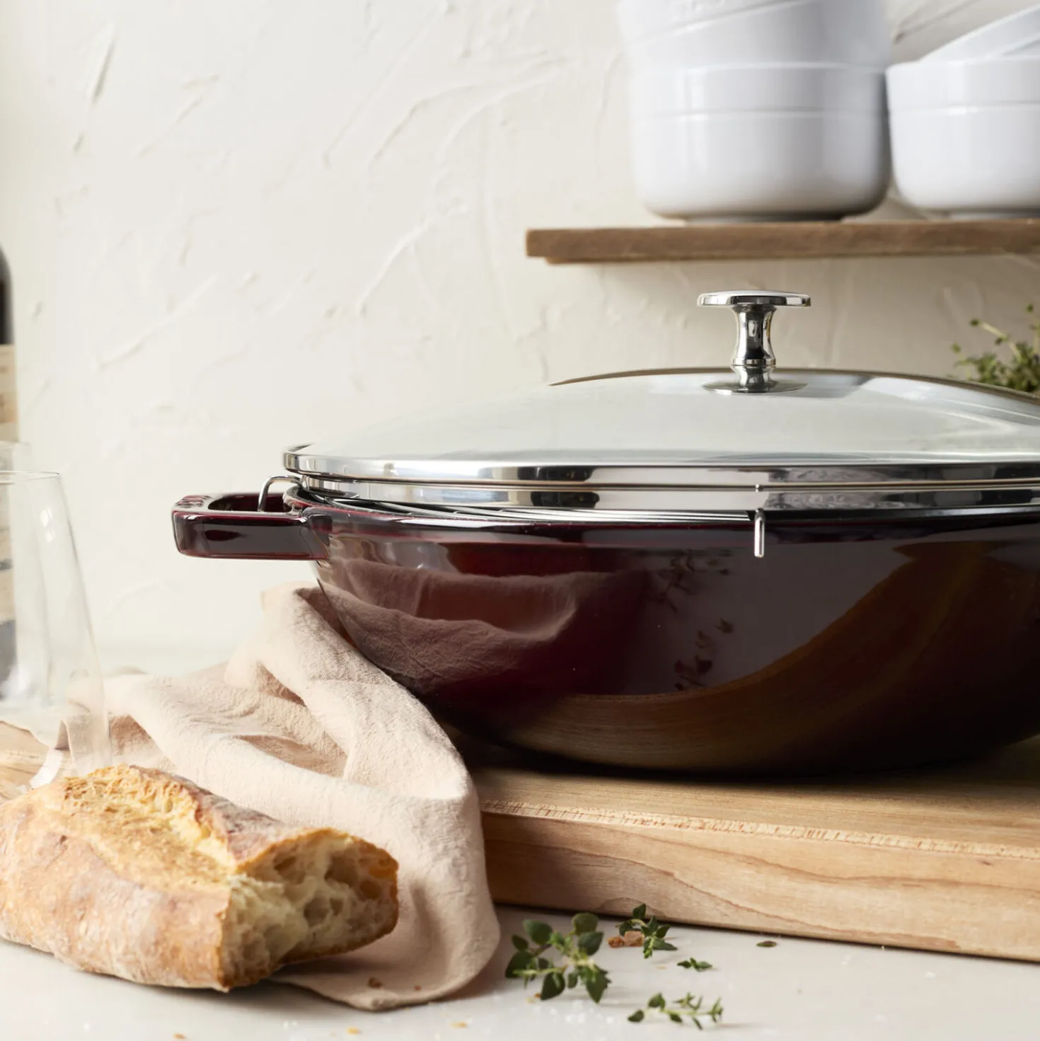 Wok mit Glasdeckel 30 cm, rund, Grenadine-Rot, Gusseisen