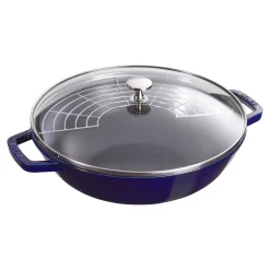 Wok mit Glasdeckel 30 cm, rund, Dunkelblau, Gusseisen