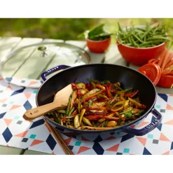 Wok mit Glasdeckel 30 cm, rund, Dunkelblau, Gusseisen