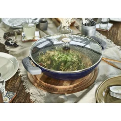 Wok mit Glasdeckel 30 cm, rund, Dunkelblau, Gusseisen