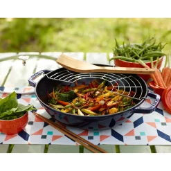 Wok mit Glasdeckel 30 cm, rund, Dunkelblau, Gusseisen