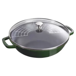 Wok mit Glasdeckel 30 cm, rund, Basilikum-Grün, Gusseisen