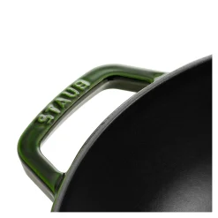 Wok mit Glasdeckel 30 cm, rund, Basilikum-Grün, Gusseisen