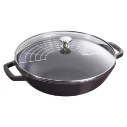 Wok mit Glasdeckel 30 cm, rund, Schwarz, Gusseisen
