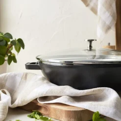Wok mit Glasdeckel 30 cm, rund, Schwarz, Gusseisen