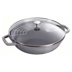 Wok mit Glasdeckel 30 cm, rund, Graphit-Grau, Gusseisen