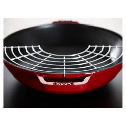 Wok mit Glasdeckel 30 cm, rund, Kirsch-Rot, Gusseisen