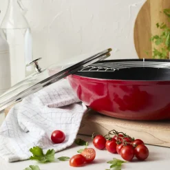 Wok mit Glasdeckel 30 cm, rund, Kirsch-Rot, Gusseisen