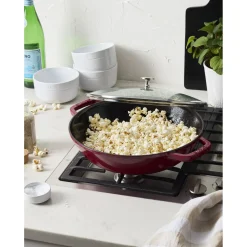 Wok mit Glasdeckel 30 cm, rund, Kirsch-Rot, Gusseisen