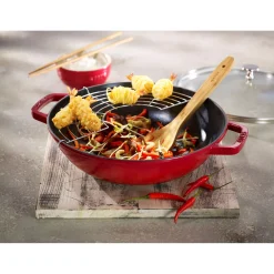 Wok mit Glasdeckel 30 cm, rund, Kirsch-Rot, Gusseisen